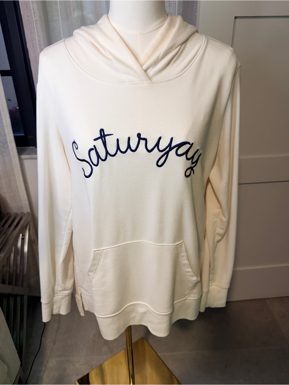 Old Navy Cream Hoodie with Navy 'Saturyay' Script
